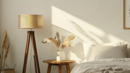 Wooden number 7 on a side table with a minimalist lamp in a Scandinavian-style bedroomの素材