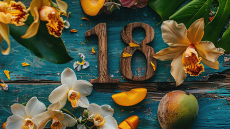 Wooden number 18 on a rustic table with orchids and mango slicesの素材