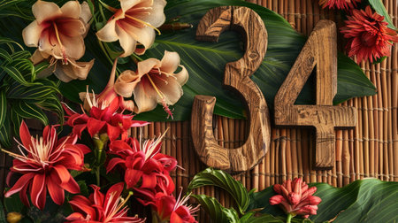 Wooden number 34 placed on a bamboo mat with torch ginger blossomsの素材