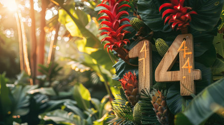 Wooden number 14 with red torch ginger and green banana leaves in soft sunlightの素材