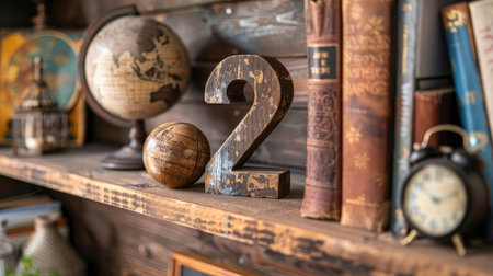 Wooden number 22 placed neatly on a bookshelf with travel books and souvenirsの素材