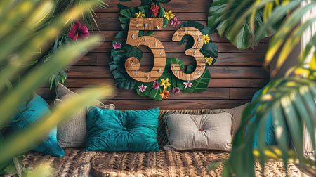 Wooden number 53 on a boho-style mat with tropical petals and cushionsの素材
