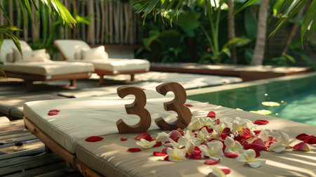 Wooden number 83 on a poolside daybed scattered with tropical petalsの素材