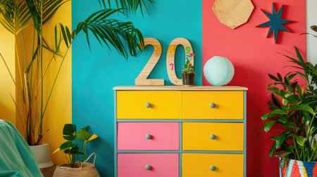Wooden number 20 on a colorful dresser in a teenager vibrant bedroomの素材