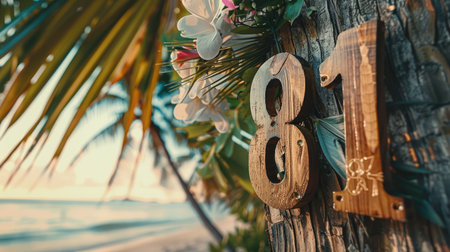 Wooden number 81 resting against a coconut tree with floral accentsの素材
