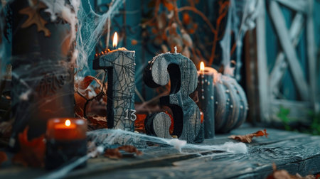 Wooden number 13 near a spooky corner decor with candles and cobwebs for Halloweenの素材
