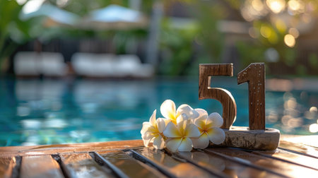 Wooden number 51 with sunrise light and plumeria on a poolside tableの素材