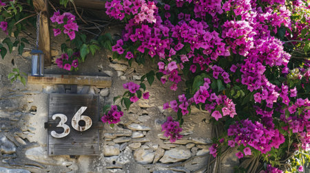 Wooden number 36 with fuchsia bougainvillea cascading beside itの素材