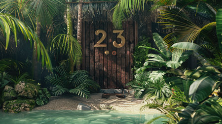 Wooden number 23 among heliconia, ferns, and coconuts by a lagoonの素材