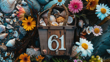 Wooden number 61 placed in a beach tote surrounded by flowers and shellsの素材