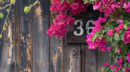 Wooden number 36 with fuchsia bougainvillea cascading beside itの素材