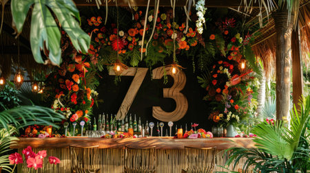 Wooden number 73 sitting atop a tiki bar with lush flowers aroundの素材