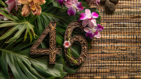 Wooden number 46 paired with leis and orchids on a traditional matの素材
