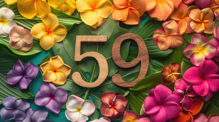 Wooden number 59 among colorful tropical petals spread in circlesの素材