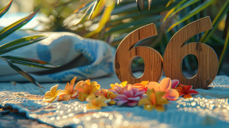 Wooden number 66 placed next to a beach towel and vibrant petalsの素材