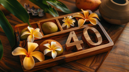 Wooden number 40 set in a wooden tray of plumeria, ti leaf, and mangoの素材