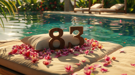Wooden number 83 on a poolside daybed scattered with tropical petalsの素材