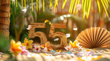 Wooden number 55 on a sandy floor with flower confetti and palm fansの素材