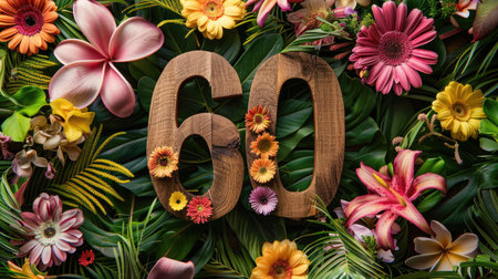 Wooden number 60 centered in a floral wreath of mixed island bloomsの素材