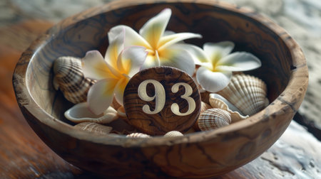 Wooden number 93 in a shell-filled bowl with plumeria blossomsの素材