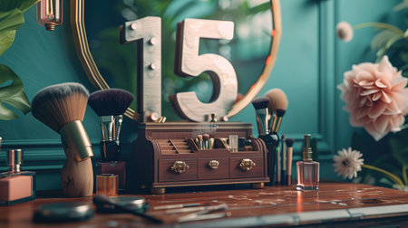 Wooden number 15 placed on a makeup vanity with brushes and perfume bottlesの素材
