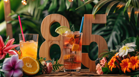 Wooden number 85 beside iced drinks and colorful florals under shadeの素材