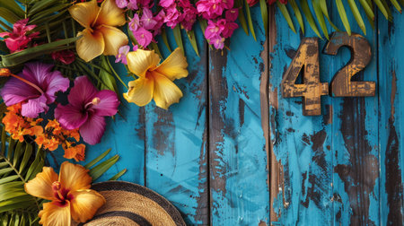 Wooden number 42 near a straw hat adorned with bright island flowersの素材