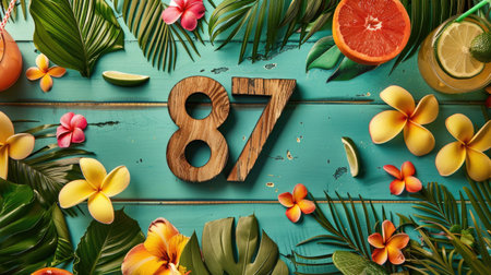 Wooden number 87 in a laid-back tropical scene with leis and cocktailsの素材