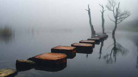 Still waters reflect the rusted stepping stones in a foggy landscape, with skeletal trees adding to the eerie, tranquil atmosphere of the mistの素材