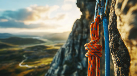 Vibrant climbing quickdraws hang on a rocky summit, overlooking a breathtaking outdoor landscape, perfect for outdoor, sports, and adventure-inspired visualsの素材