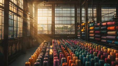 Spools of colorful yarn neatly arranged in a factory, bathed in warm sunlight streaming through tall windows, capturing the blend of industrial work and natural beautyの素材