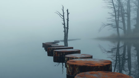 Still waters reflect the rusted stepping stones in a foggy landscape, with skeletal trees adding to the eerie, tranquil atmosphere of the mistの素材