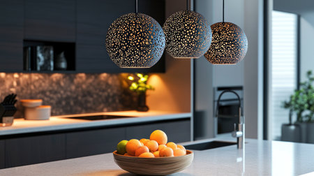 Stylish pendant lights with intricate designs hang above a modern kitchen, featuring a bowl of fresh fruit on the counter, highlighting contemporary and bright interiorsの素材