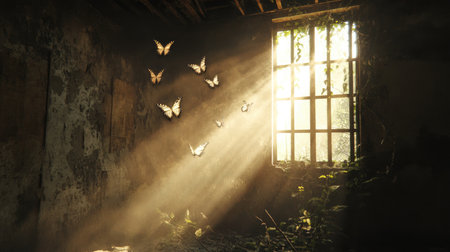 Sunlight streams through a cracked window into a decaying room, casting light on dust particles and delicate butterflies fluttering amidst the decayの素材