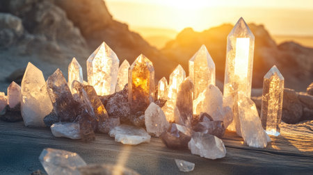 Sparkling crystals or minerals are beautifully arranged on a wooden surface, with a bright sunbeam illuminating a distant rocky landscape in the background, capturing the magic of natural lightの素材
