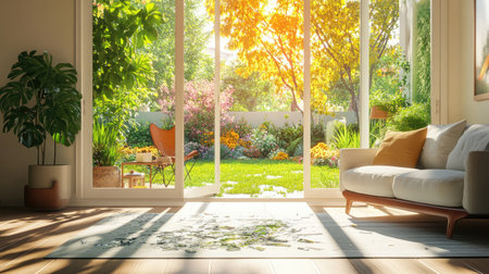 Sunlit living room featuring a shattered patio door, offering a glimpse of a vibrant garden view, highlighting interior design, natural light, and home security concernsの素材