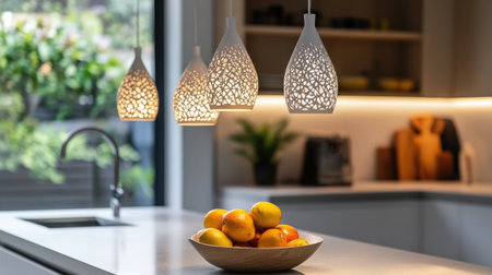 Stylish pendant lights with intricate designs hang above a modern kitchen, featuring a bowl of fresh fruit on the counter, highlighting contemporary and bright interiorsの素材