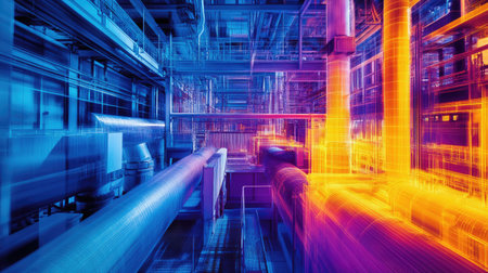 Thermal imaging of an industrial setup, revealing the heat distribution of various machines and equipment in a manufacturing environment, demonstrating energy flowの素材