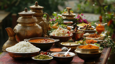 A beautiful display of traditional Indian cuisine, with colorful dishes and aromatic spices arranged on a table, showcasing the richness of Indian culinary cultureの素材