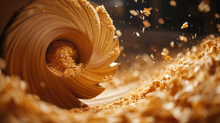 Wood chips fly through the air as a skilled carpenter shapes a spiral design in wood using a lathe, showcasing precision and craftsmanship in woodworkingの素材