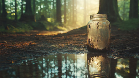 A close-up of a muddy glass jar placed near a small puddle, reflecting the surrounding trees and soft sunlight in a peaceful forest, evoking tranquility and nature balanceの素材
