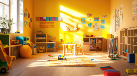 Sunlight streams into a vibrant, empty playroom filled with colorful educational materials, toys, and small furniture, ready to welcome children into a playful spaceの素材