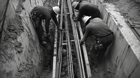Workers carefully align multiple utility cables in a concrete trench, with wooden barriers providing safety, emphasizing the detailed process of underground cable installationの素材