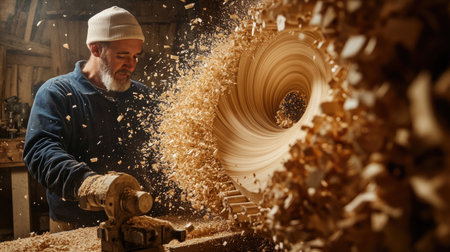 A carpenter focuses intently on a lathe as wood chips fly in all directions, capturing the beauty of craftsmanship and the intricate process of shaping wood into a spiral designの素材