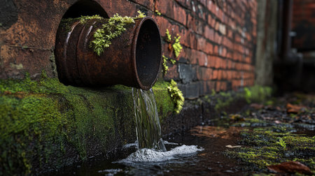 Weathered metal drainage pipe with moss growing around it, releasing water into a small stream beside a brick wall, capturing the blend of nature and industrial charmの素材
