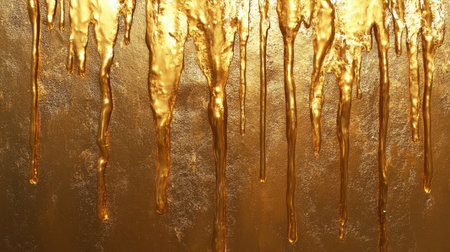 A close-up of golden liquid dripping down a textured surface, with light reflecting off the fluid, creating a glossy and radiant effect that highlights its rich textureの素材