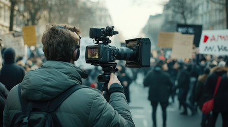 A cameraman filming a protest with a professional digital camera on a tripod, capturing the intensity and emotions of the demonstration, ideal for journalism and activism themesの素材