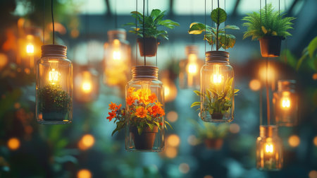 A collection of hanging glass jars with vibrant plants inside, illuminated by glowing light bulbs and soft bokeh lighting, adding warmth and nature to a modern indoor spaceの素材