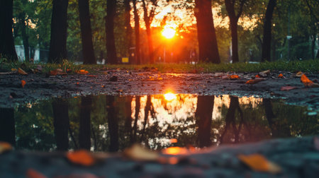 A beautiful sunset reflects in a puddle on a littered ground surrounded by trees, highlighting the environmental pollution and contrast between nature and human impactの素材