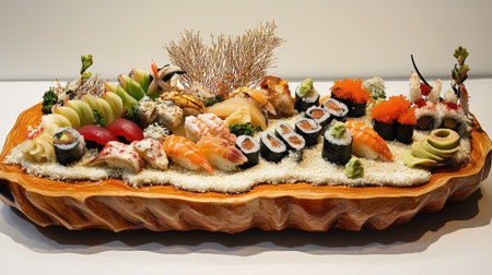 A beautifully arranged platter of sushi, featuring a variety of nigiri, maki, and sashimi, garnished with wasabi and sauces, showcasing the art of sushi presentation and culinary craftsmanshipの素材